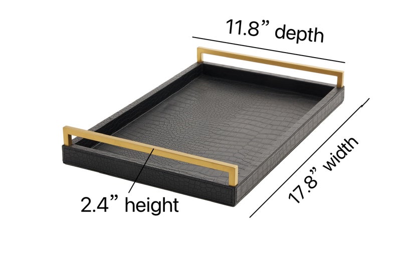 WV 17.8X 11.8 Leather Ottoman Tray, Big Serving Tray with Brushed Gold Handles for Bars, Parties, Dinning, Decorative Tray for Modern Home Decor, Bathroom Vanity (Black) - Image 3